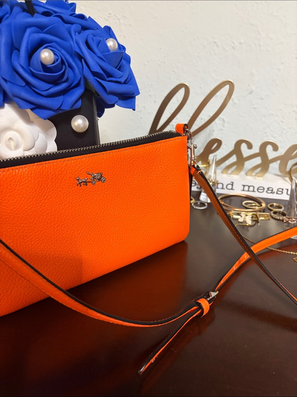 Coach Bright Orange Pebbled Leather Crossbody Wristlet